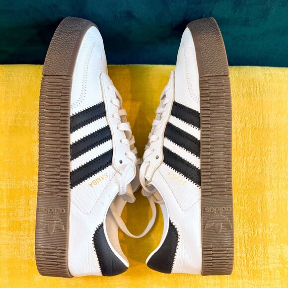 Adidas Sambarose Platform Sneakers - White w/ Black Stripes and Brown Gum Sole - Picture 8 of 10